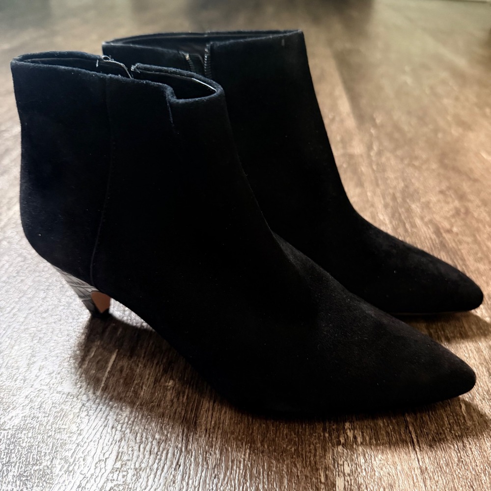 Sam Edelman Lucy Ankle Boots Women 7 Black Suede Croc Embossed Kitten Heel Zip